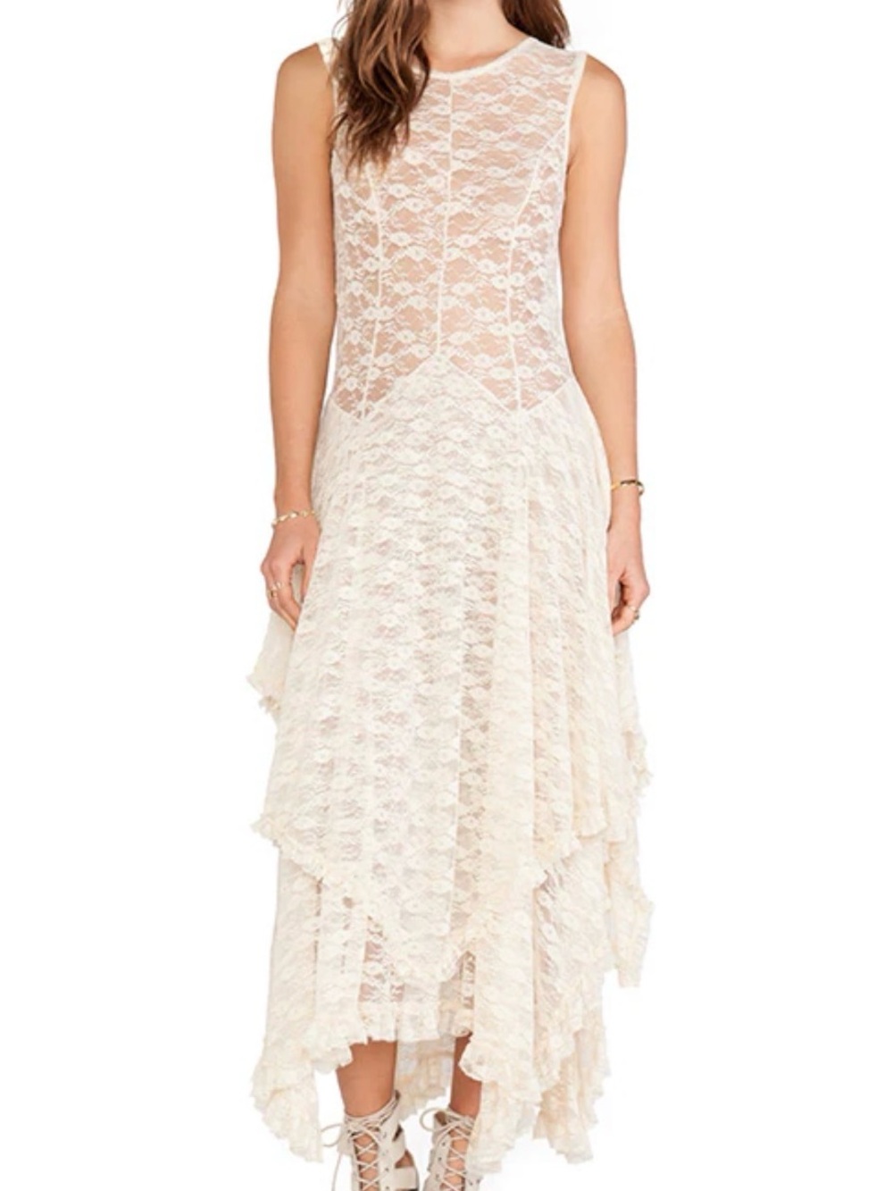 Rare Free People French Court Ruffle Lace Cottagecore Whimsy Maxi Dress Medium